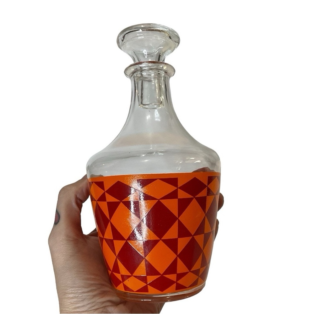 Vibrant orange Mid Century Modern small glass decanter (signed France)
